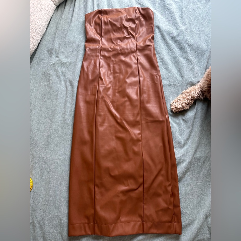 Brown Faux Leather Midi Dress